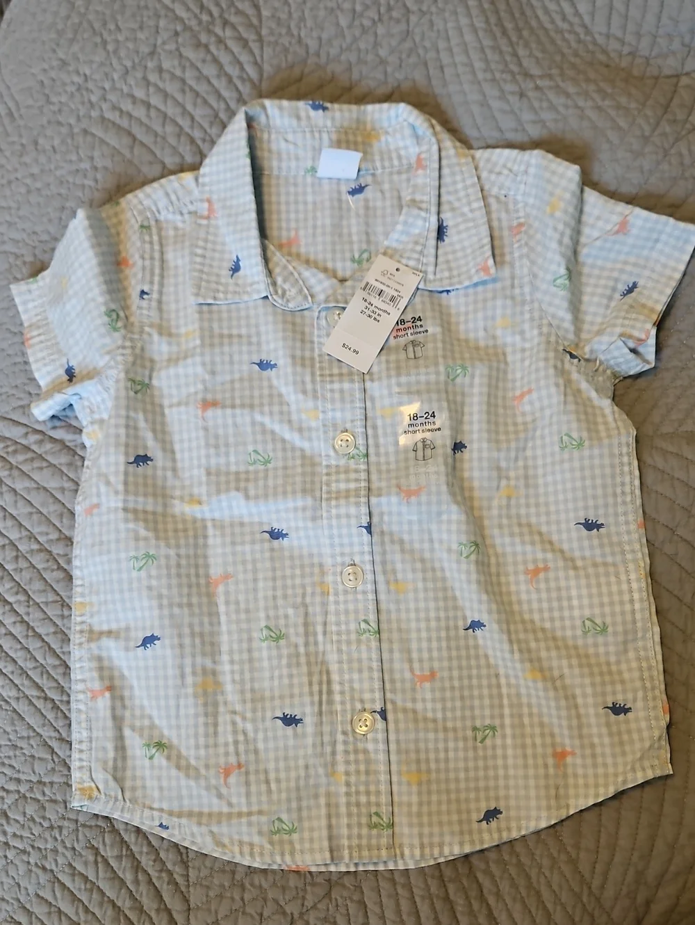 Baby GAP Light Blue Gingham Short-Sleeve Button-Down with Multicolor Dino Print